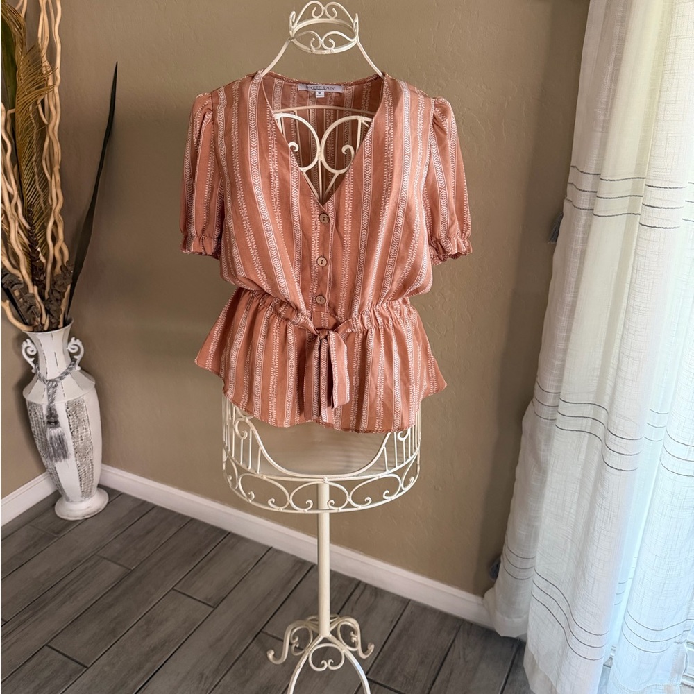 Woven Tie-Waist Peplum Blouse - Rust Stripe